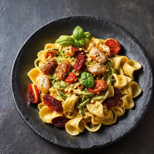 Kanapasta Aurinkokuivatuilla Tomaateilla ja Pesto-kermakastikkeella