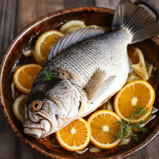 Meribassi uunissa fenkolin ja appelsiinin kera