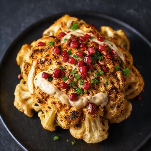 Kokonaisena paahdettu kukkakaali tahini-kastikkeella