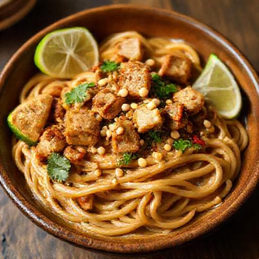 Tempeh-nuudelit Pähkinäkastikkeella