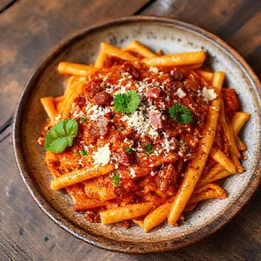 Penne all'Arrabbiata 'Amatriciana-tyyliin'
