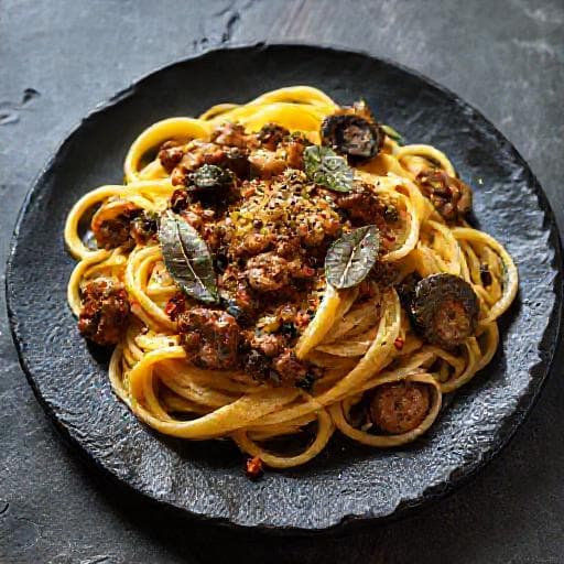 Salsicciapasta sienillä ja salviakastikkeella