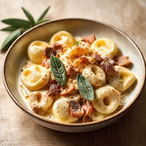 Tortellinit kermakastikkeessa ja ilmakuivatulla kinkulla