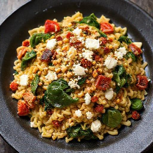 Luova Orzo pinaatilla, fetalla ja aurinkokuivatuilla tomaateilla
