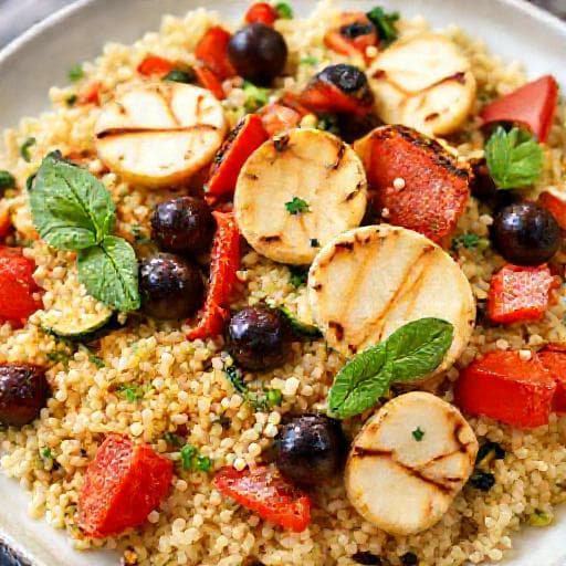 Välimerellinen Orzo-salaatti Grillatulla Halloumilla