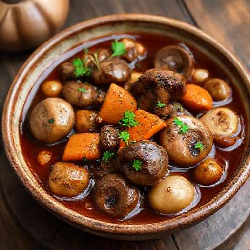 Burgundinpata sienillä ja juureksilla (Kasvisversio)