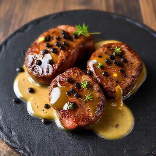 Tournedos pippurikastikkeella ja konjakki-sinappikuorrutuksella