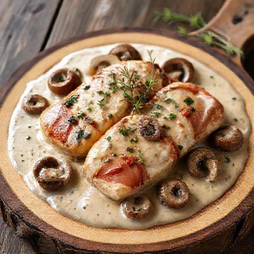 Saltimbocca kermakastikkeella ja sienillä