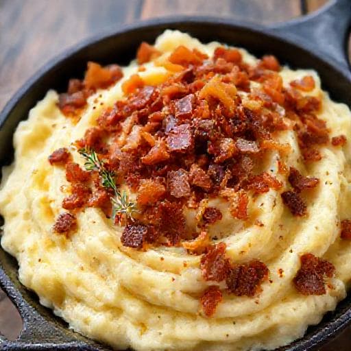 Aardappelpuree met Gekarameliseerde Uien en Spekjes