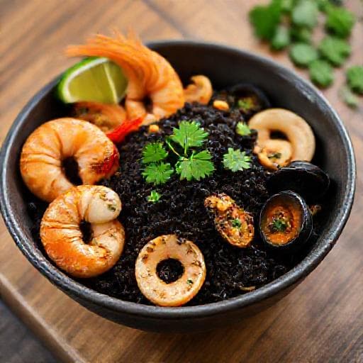 Nasi Goreng met Zwarte Rijst en Zeevruchten
