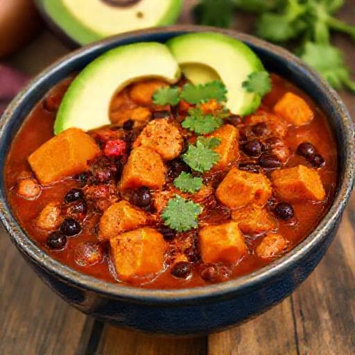 Chili sin Carne met Zoete Aardappel en Zwarte Bonen