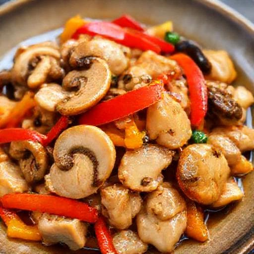 Gà xào nấm đùi gà và ớt chuông